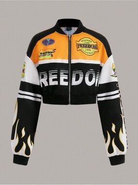 Freedom Graphic Cropped Bomber Jacket - Black & Orange